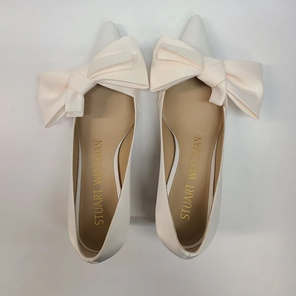 Stuart Weitzman White Satin Bow Pointed Toe Stiletto Pumps Heels Sz 6B Bridal